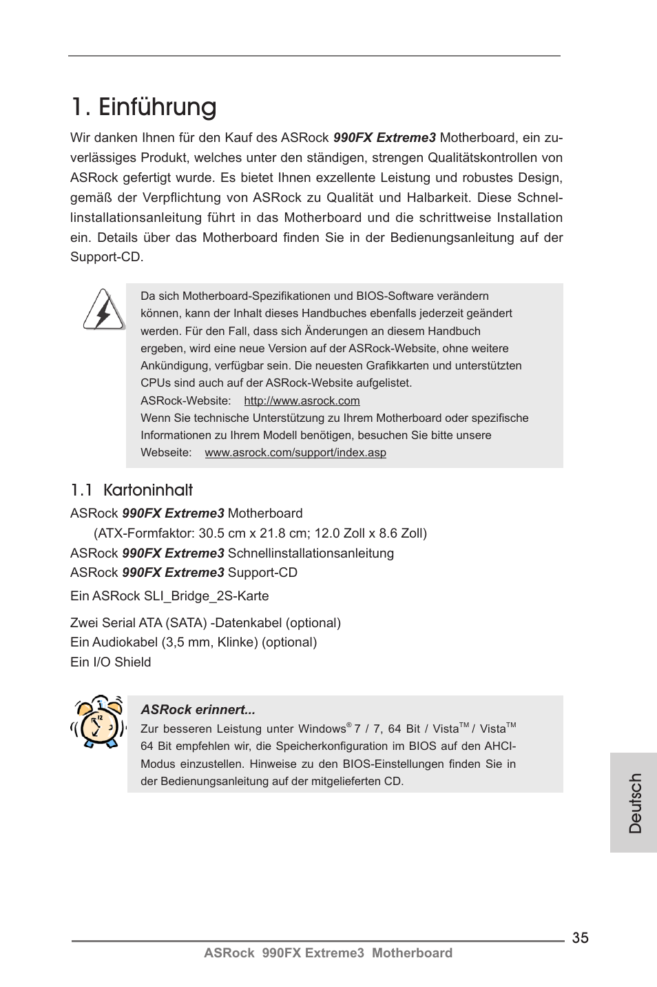 German, Einführung, Deutsch | 1 kartoninhalt | ASRock 990FX Extreme3 User Manual | Page 35 / 182