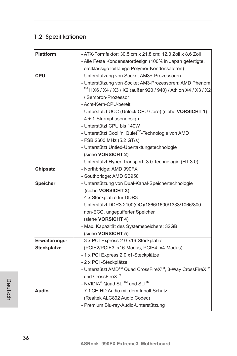 2 spezifikationen, Deutsch | ASRock 990FX Extreme3 User Manual | Page 36 / 182