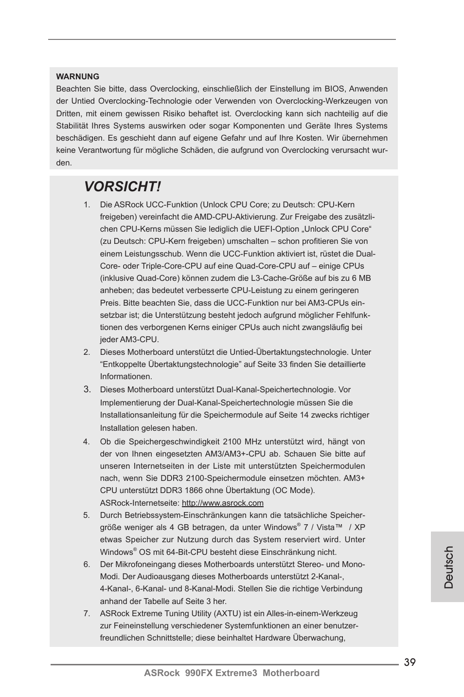 Vorsicht, Deutsch | ASRock 990FX Extreme3 User Manual | Page 39 / 182
