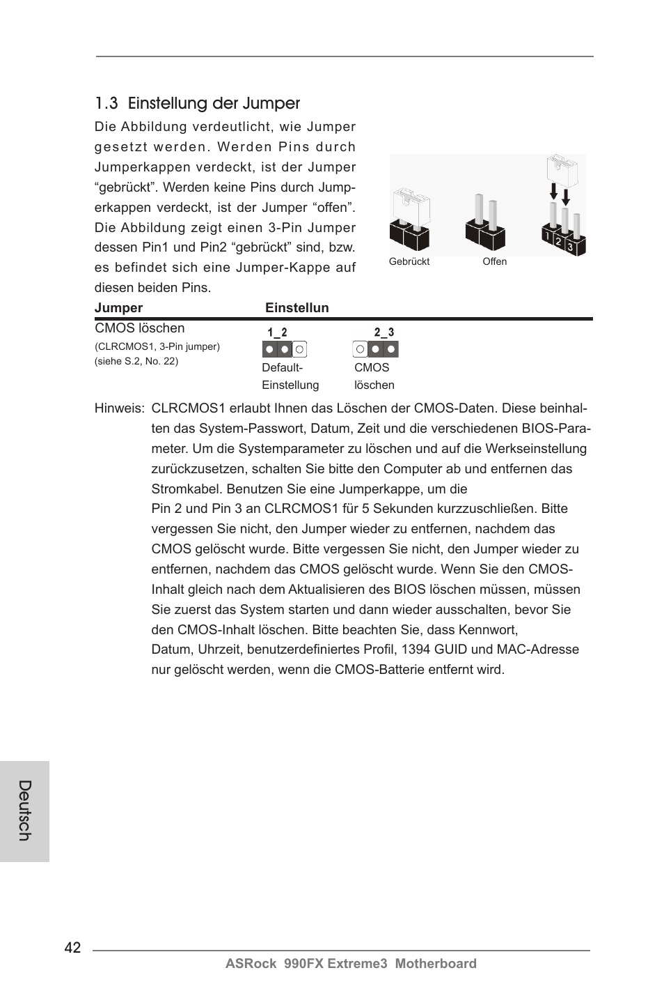 3 einstellung der jumper, Deutsch | ASRock 990FX Extreme3 User Manual | Page 42 / 182