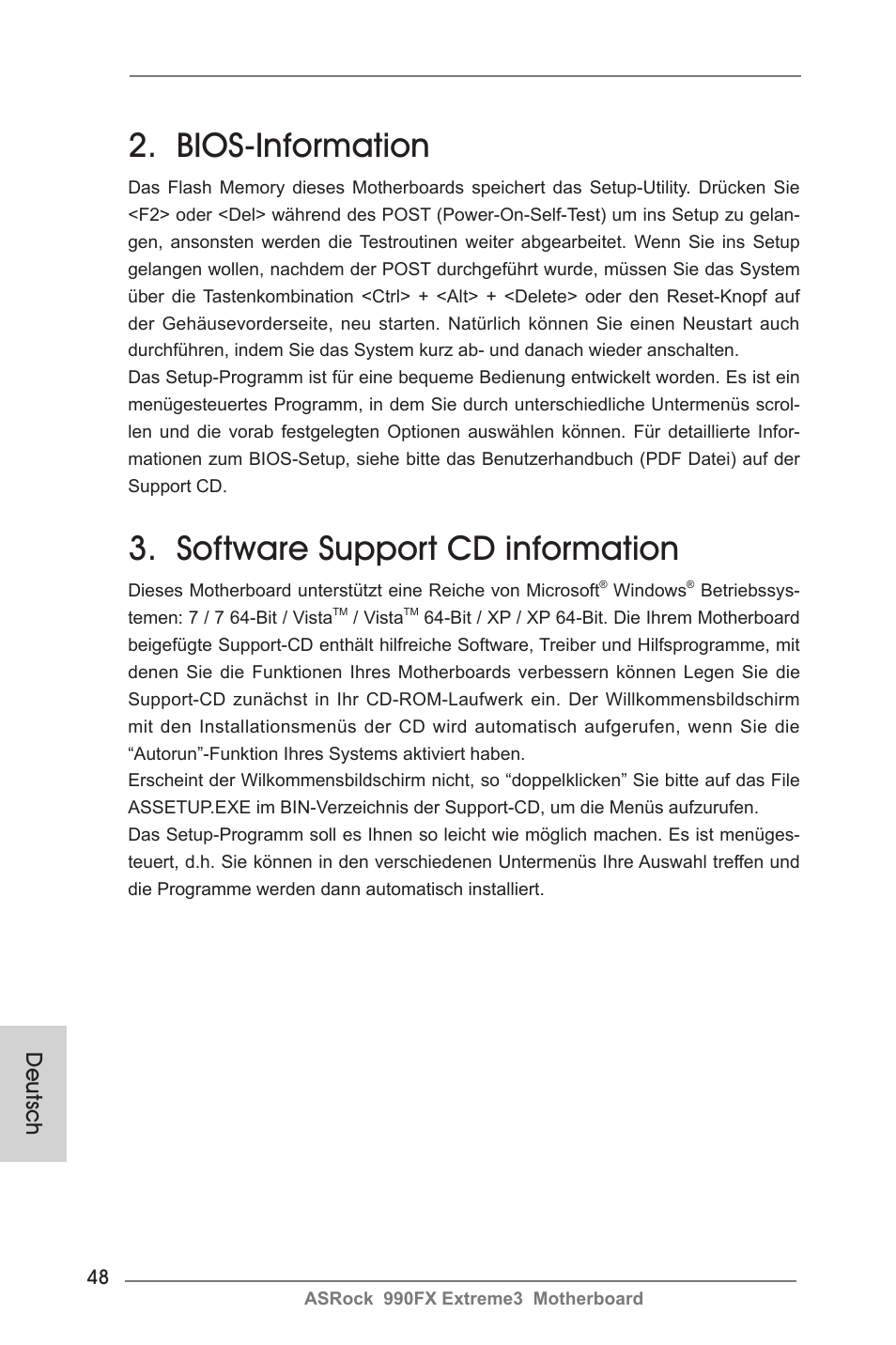 Bios-information, Software support cd information, Deutsch | ASRock 990FX Extreme3 User Manual | Page 48 / 182
