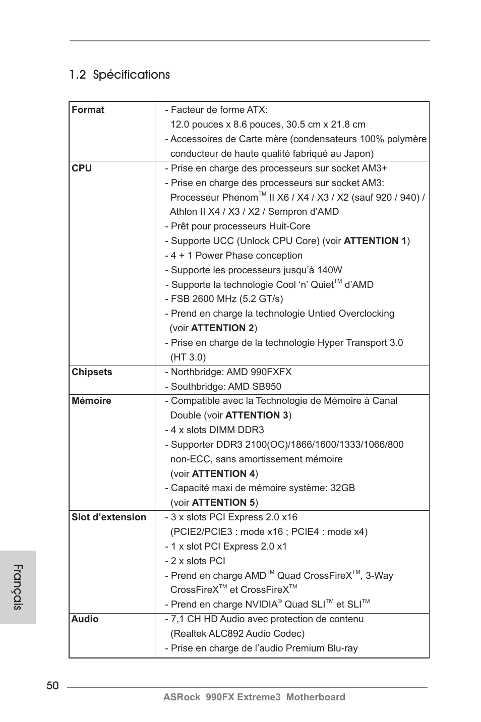 Français 1.2 spécifications | ASRock 990FX Extreme3 User Manual | Page 50 / 182