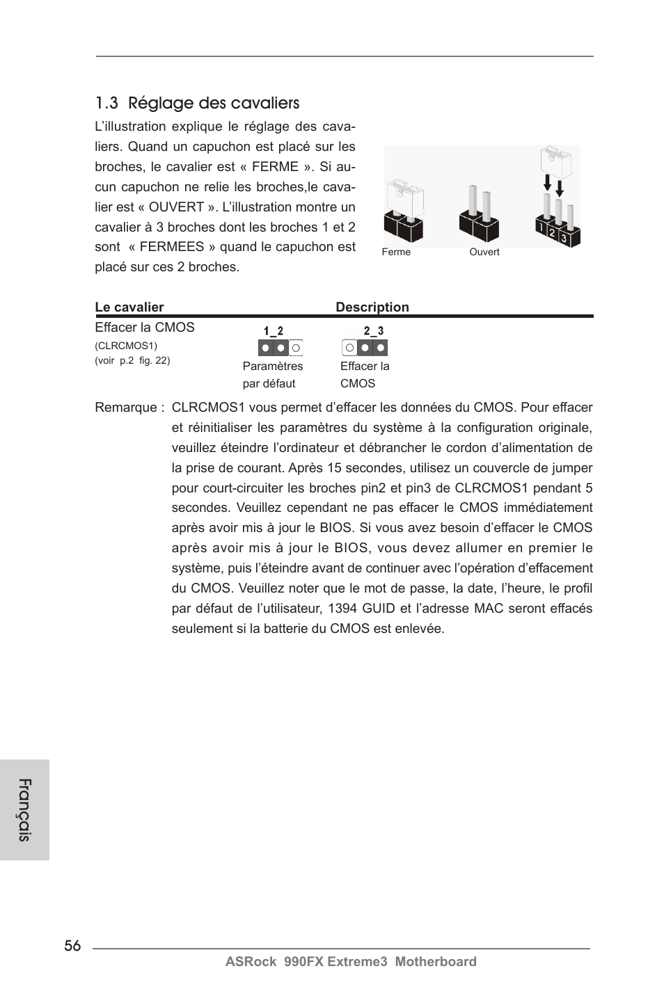 Français 1.3 réglage des cavaliers | ASRock 990FX Extreme3 User Manual | Page 56 / 182