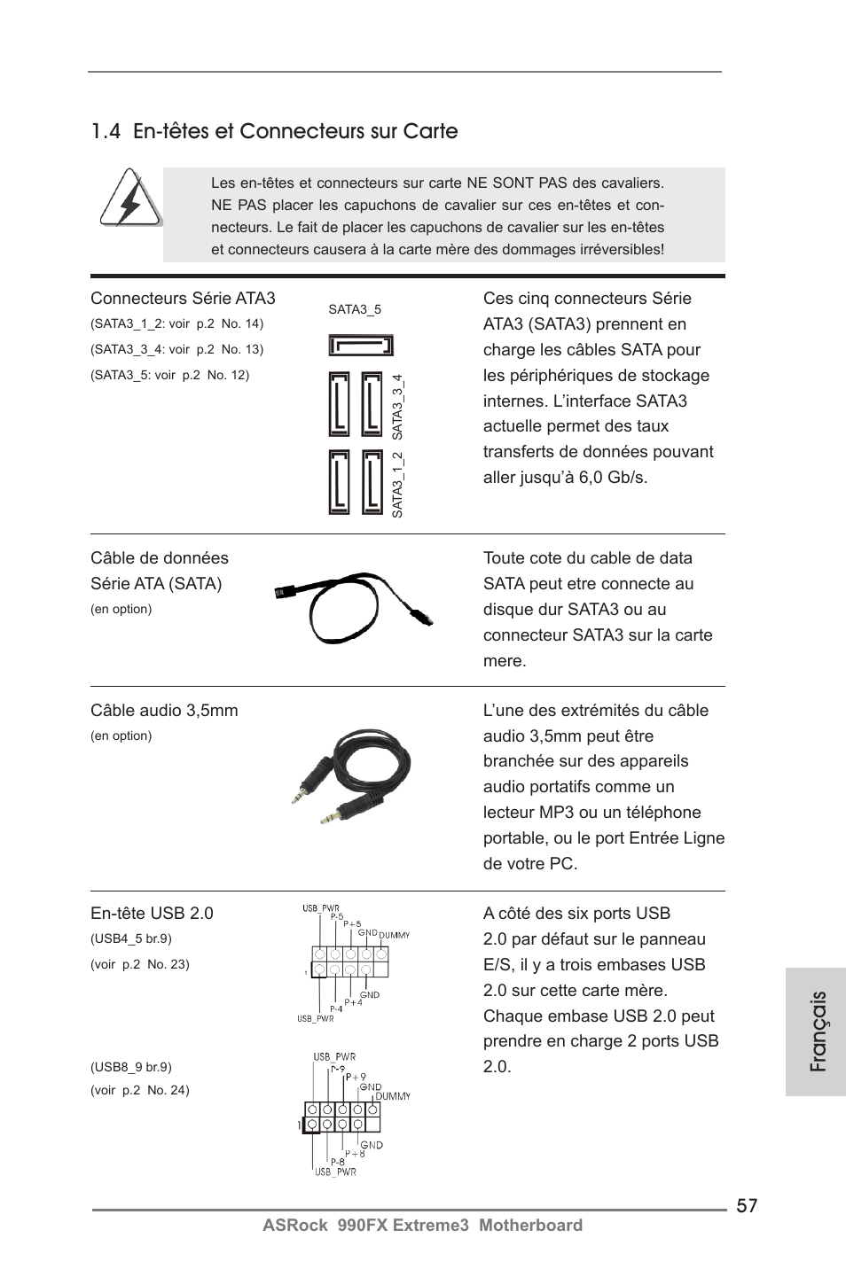 Français, 4 en-têtes et connecteurs sur carte | ASRock 990FX Extreme3 User Manual | Page 57 / 182