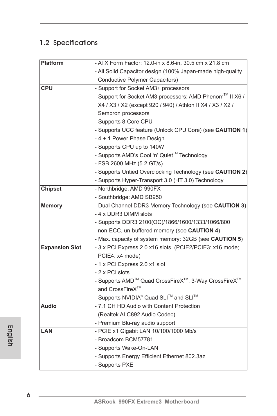 English 1.2 specifications | ASRock 990FX Extreme3 User Manual | Page 6 / 182