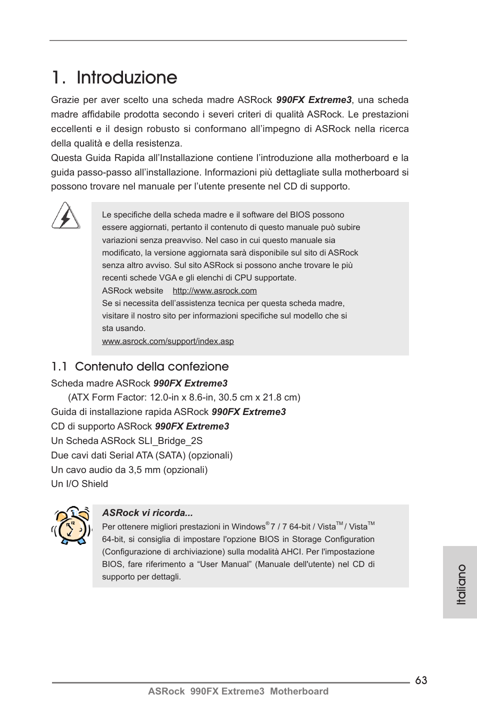 Italian, Introduzione, 1 contenuto della confezione | Italiano | ASRock 990FX Extreme3 User Manual | Page 63 / 182