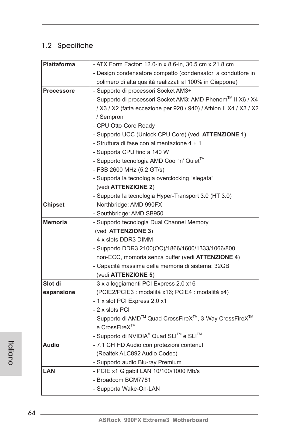 2 specifiche, Italiano | ASRock 990FX Extreme3 User Manual | Page 64 / 182