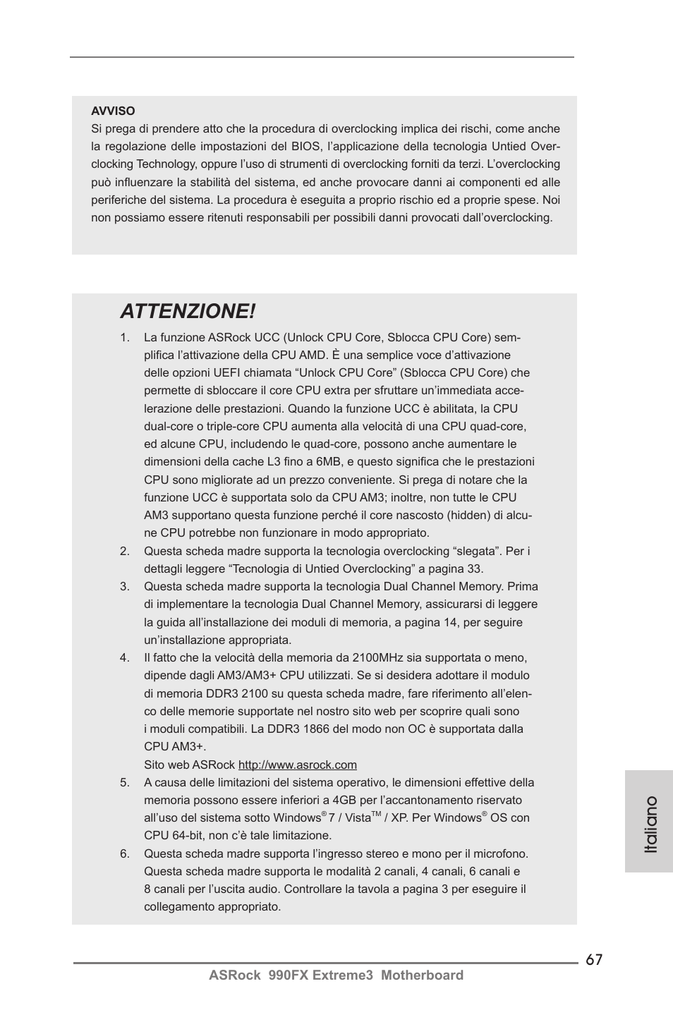 Attenzione, Italiano | ASRock 990FX Extreme3 User Manual | Page 67 / 182