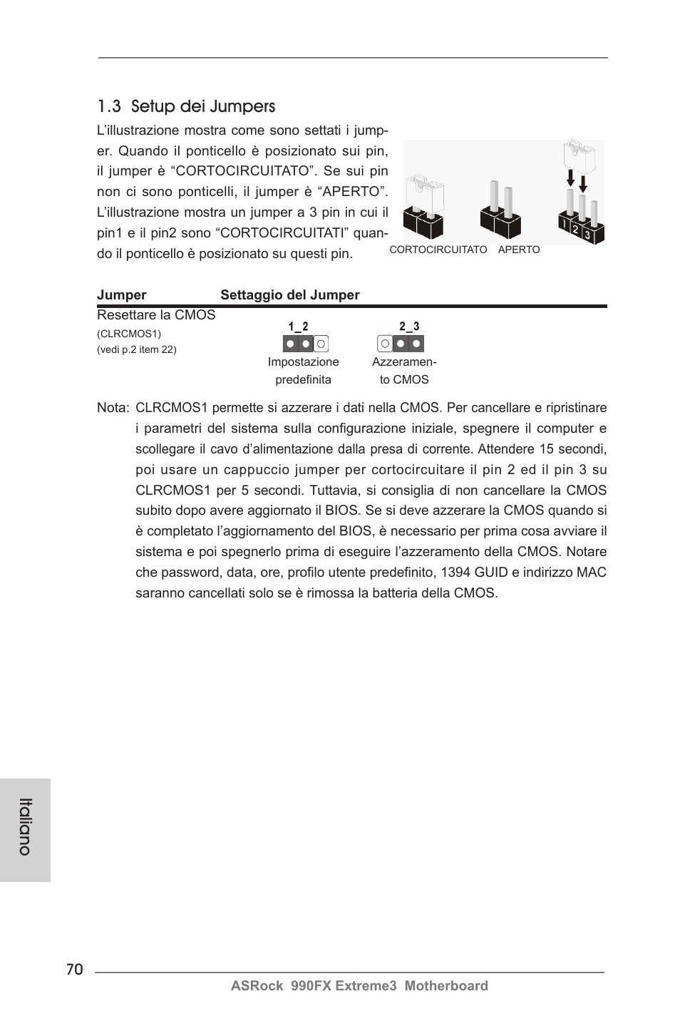 3 setup dei jumpers, Italiano | ASRock 990FX Extreme3 User Manual | Page 70 / 182