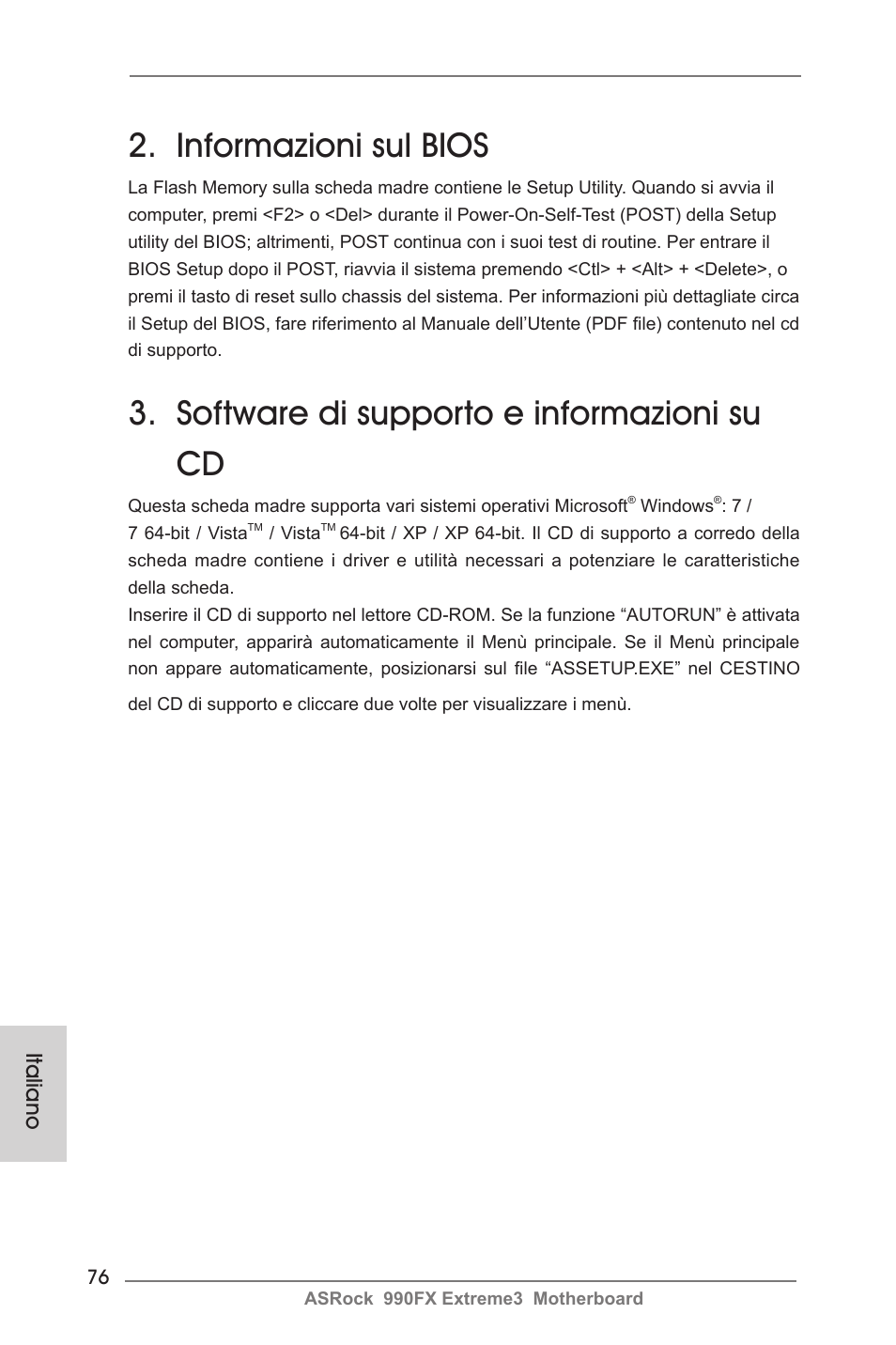 Informazioni sul bios, Software di supporto e informazioni su cd, Italiano | ASRock 990FX Extreme3 User Manual | Page 76 / 182