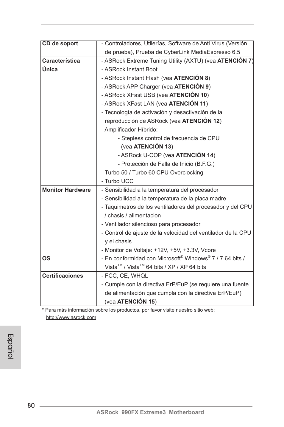 Español | ASRock 990FX Extreme3 User Manual | Page 80 / 182