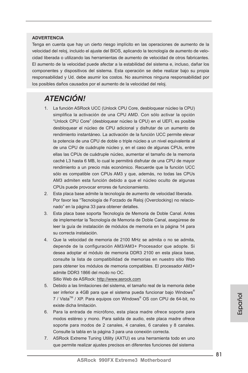 Atención, Español | ASRock 990FX Extreme3 User Manual | Page 81 / 182