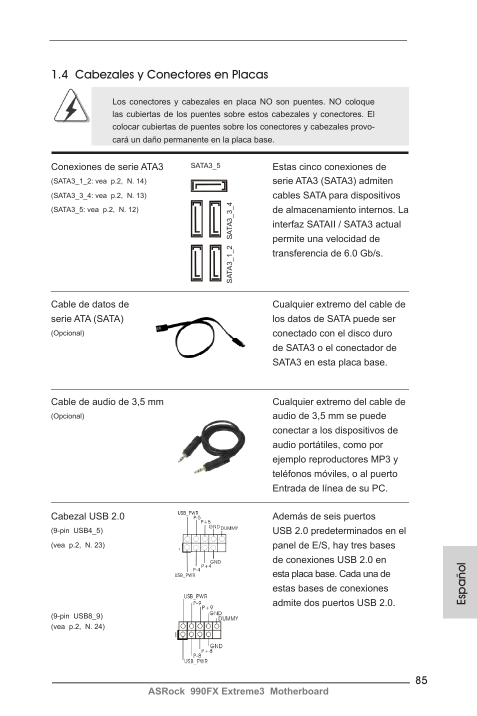 Español, 4 cabezales y conectores en placas | ASRock 990FX Extreme3 User Manual | Page 85 / 182