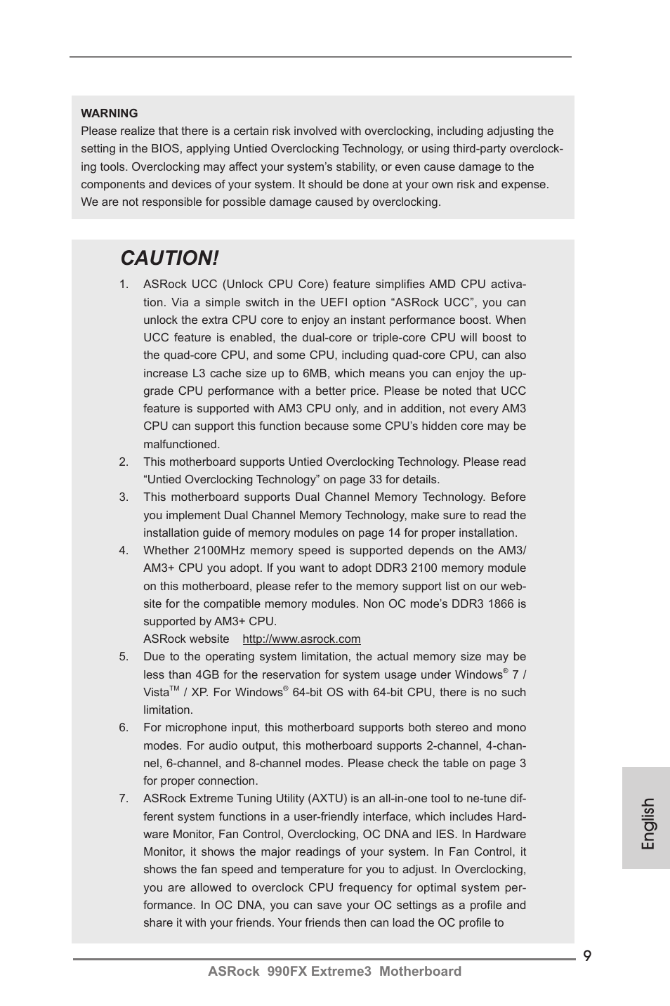 Caution, English | ASRock 990FX Extreme3 User Manual | Page 9 / 182