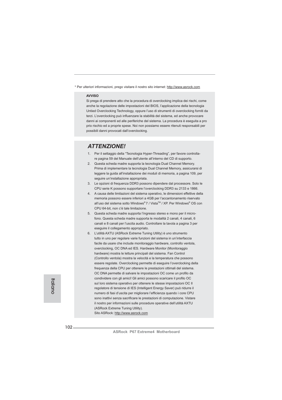 Attenzione, Italiano | ASRock P67 Extreme4 User Manual | Page 102 / 304