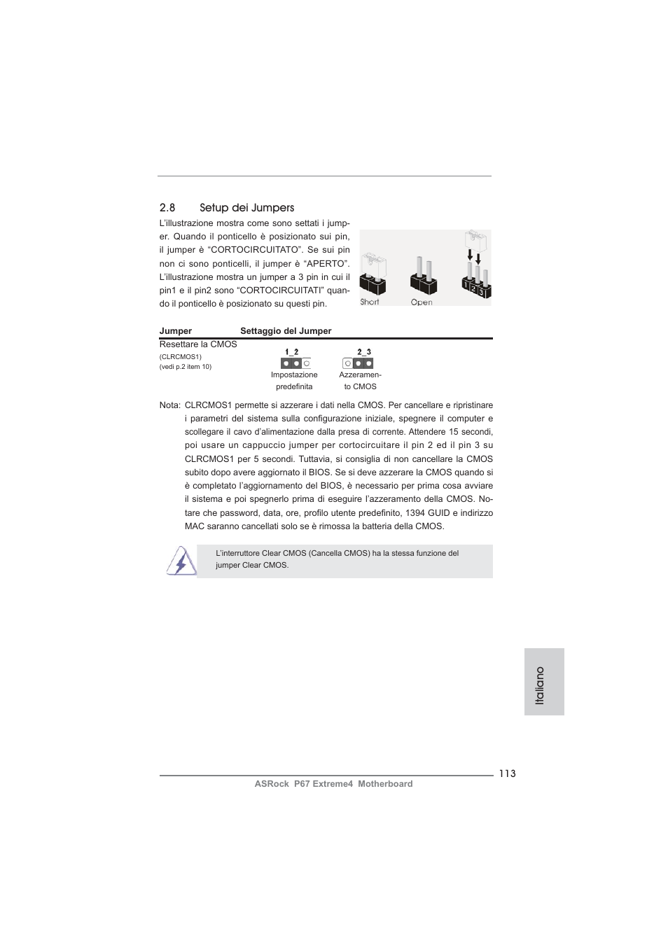 8 setup dei jumpers, Italiano | ASRock P67 Extreme4 User Manual | Page 113 / 304