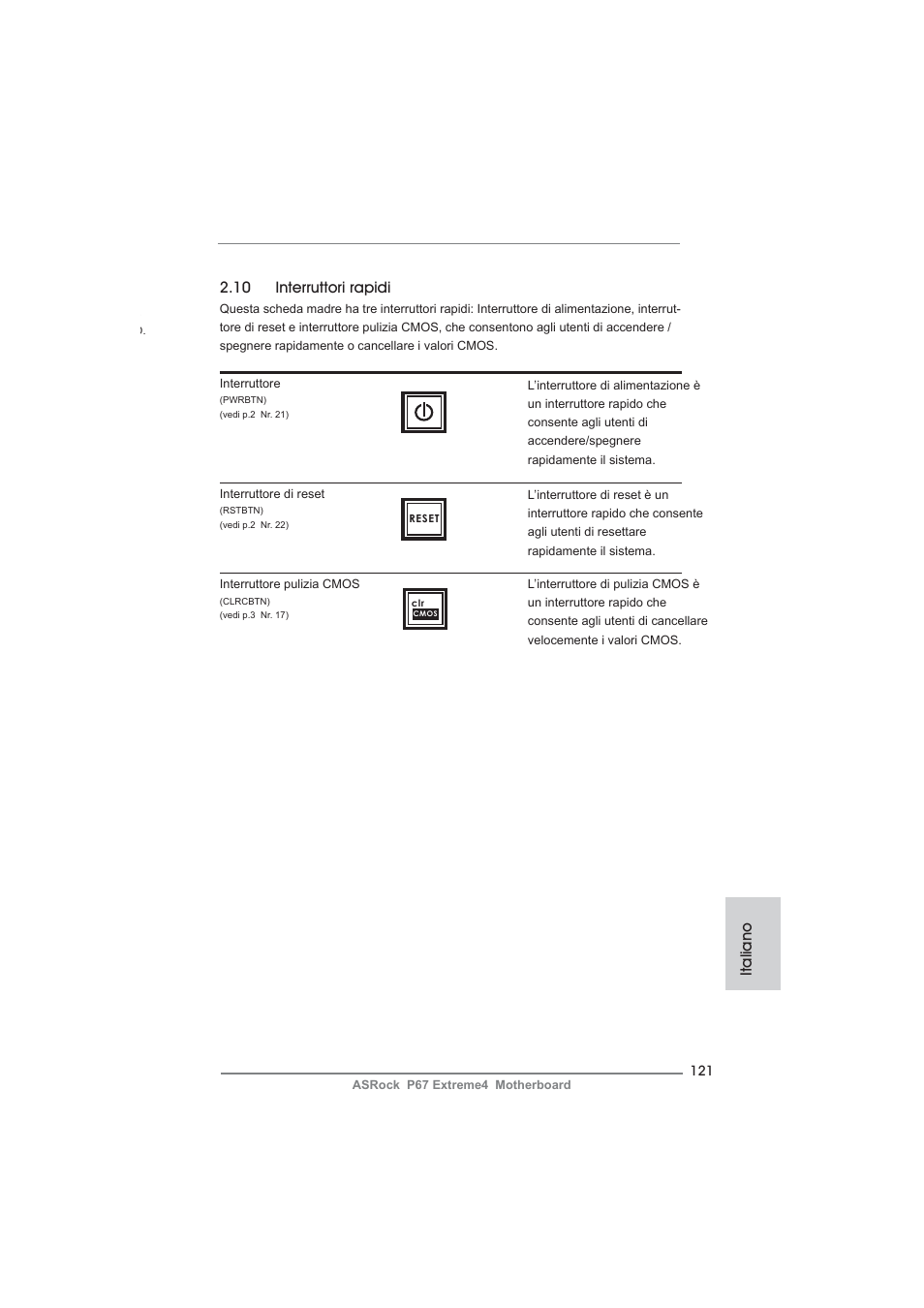 10 interruttori rapidi, Italiano | ASRock P67 Extreme4 User Manual | Page 121 / 304
