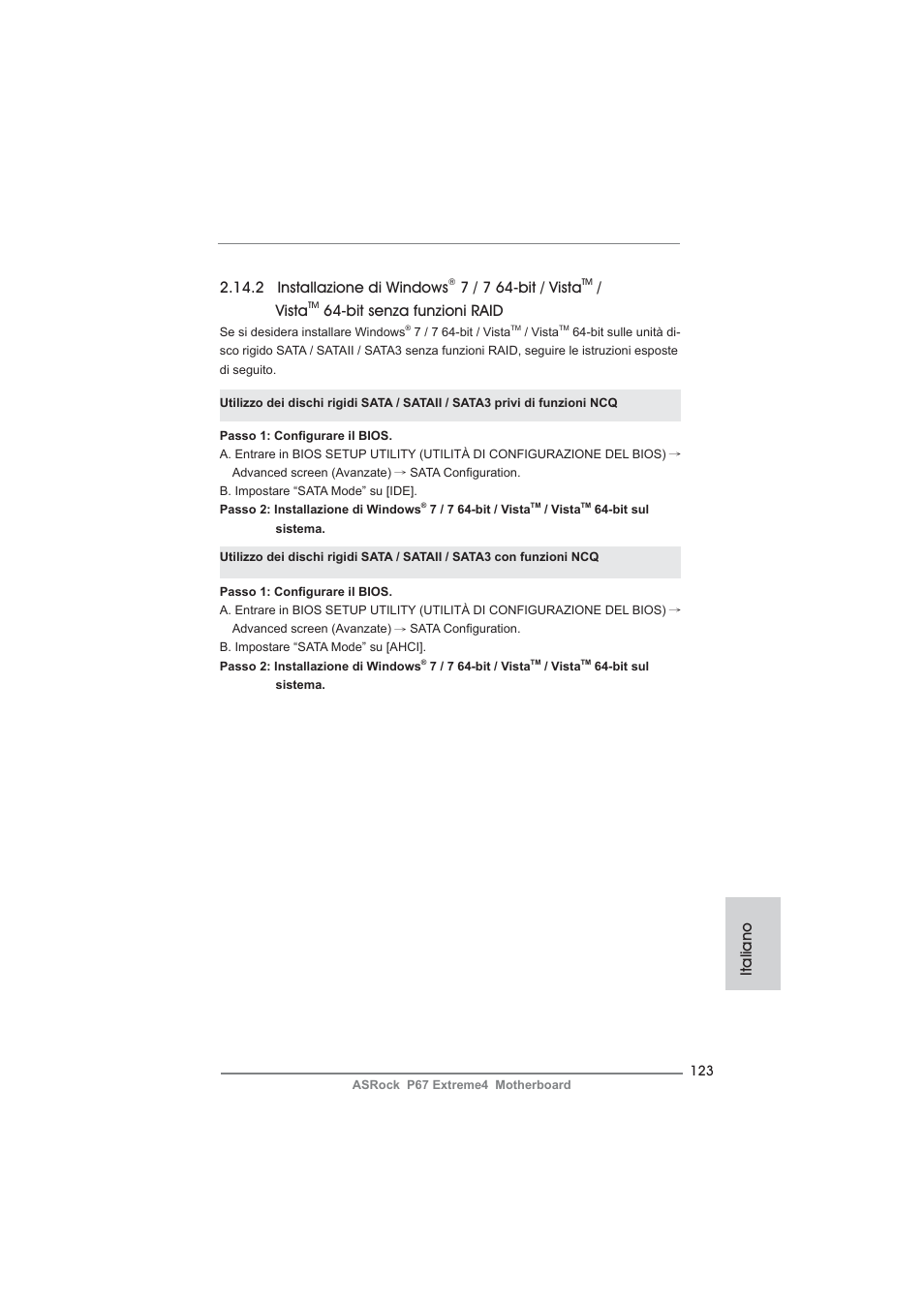 2 installazione di windows, 7 / 7 64-bit / vista, Vista | Bit senza funzioni raid, Italiano | ASRock P67 Extreme4 User Manual | Page 123 / 304
