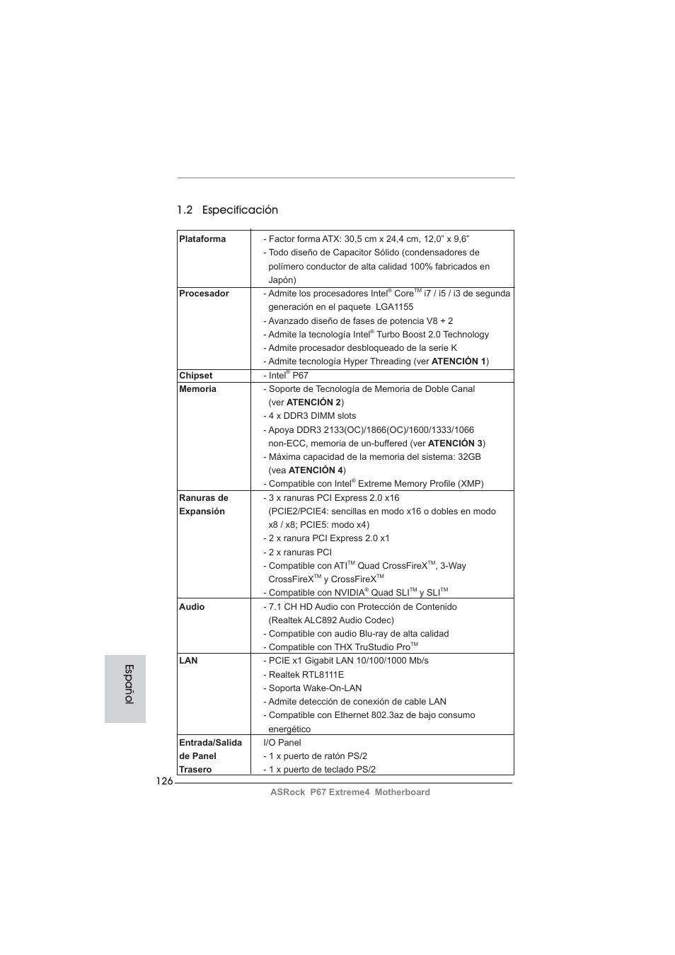 2 especificación, Español | ASRock P67 Extreme4 User Manual | Page 126 / 304