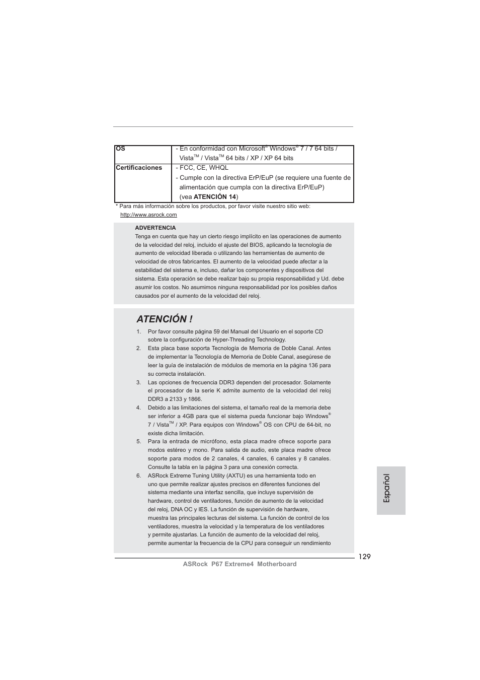 Atención, Español | ASRock P67 Extreme4 User Manual | Page 129 / 304