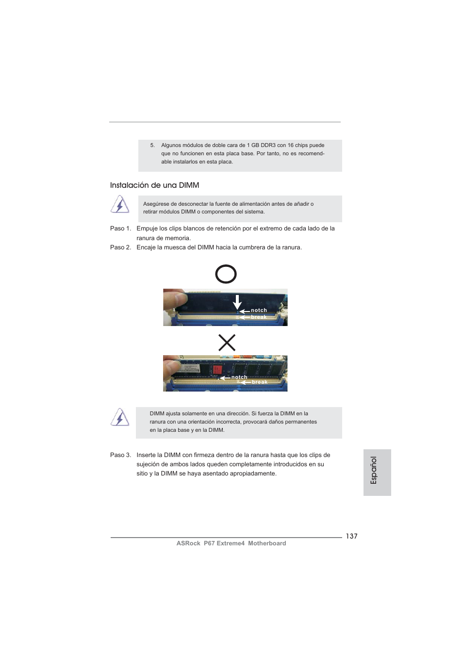 Español instalación de una dimm | ASRock P67 Extreme4 User Manual | Page 137 / 304