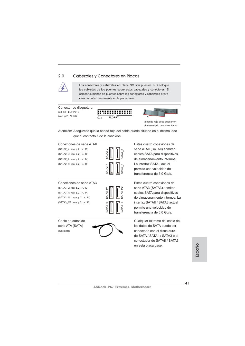 9 cabezales y conectores en placas, Español | ASRock P67 Extreme4 User Manual | Page 141 / 304