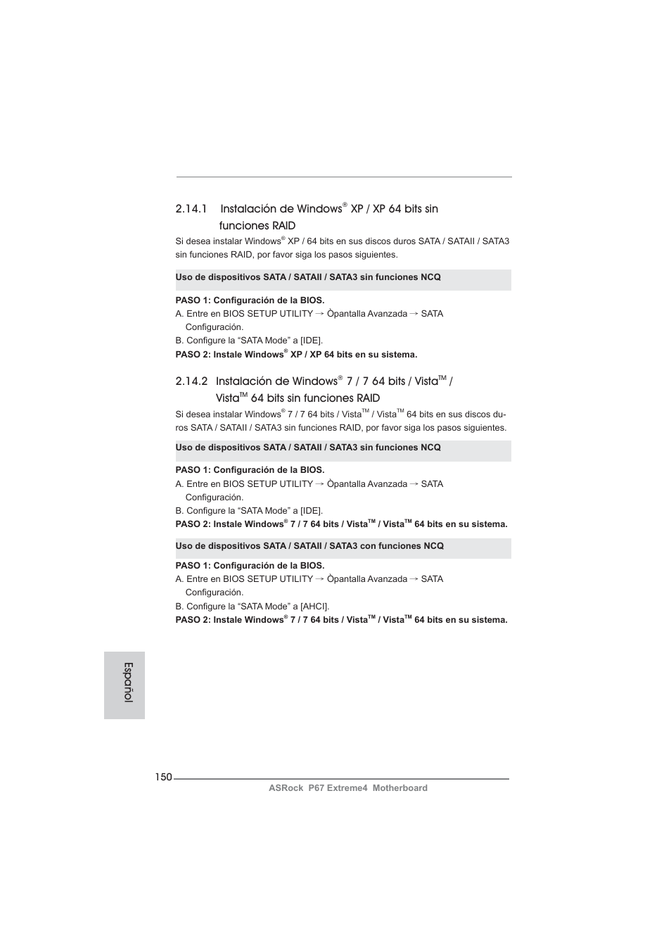 2 instalación de windows, 7 / 7 64 bits / vista, Vista | 64 bits sin funciones raid, 1 instalación de windows, Xp / xp 64 bits sin funciones raid, Español | ASRock P67 Extreme4 User Manual | Page 150 / 304
