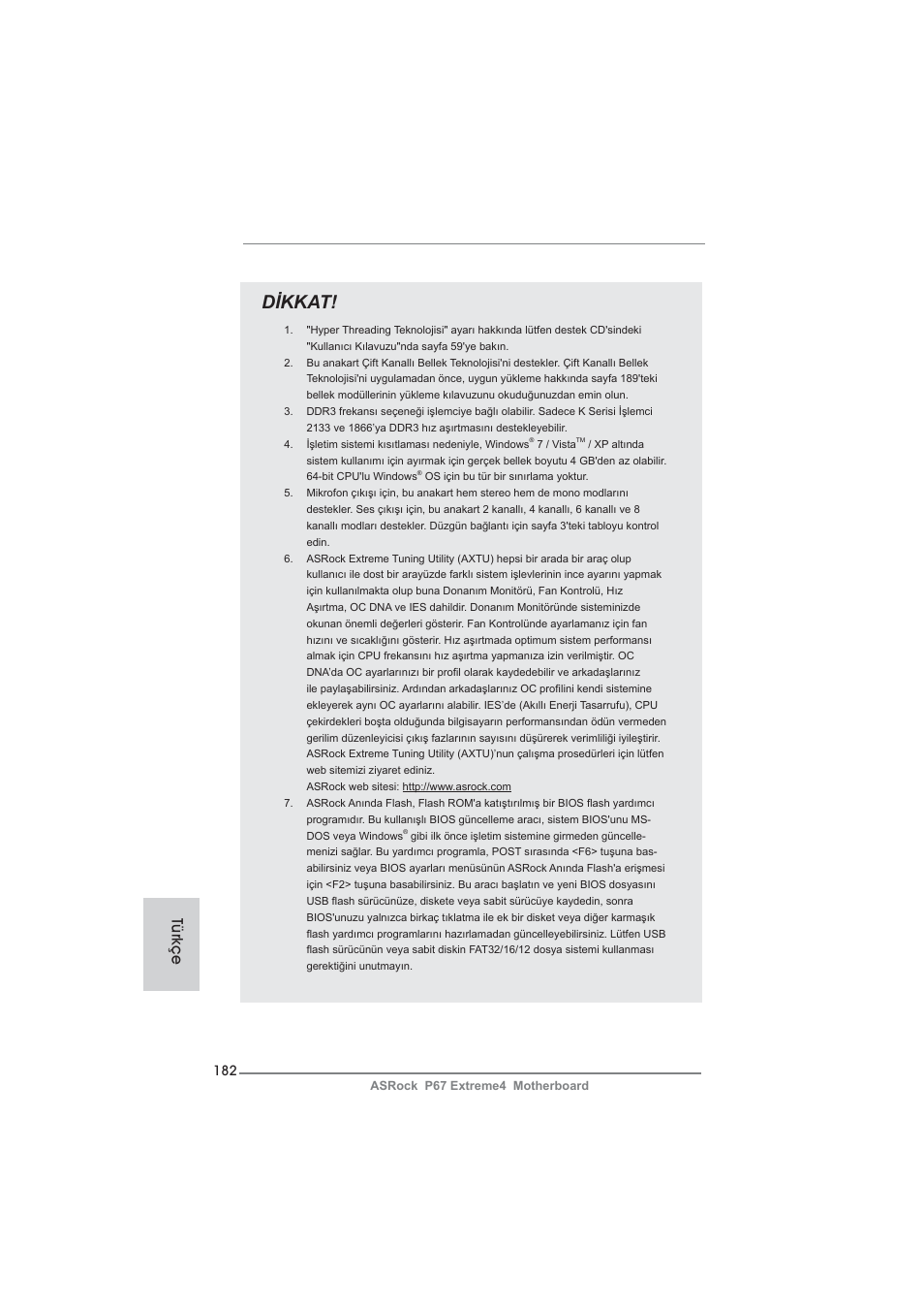 Dikkat, Türkçe | ASRock P67 Extreme4 User Manual | Page 182 / 304