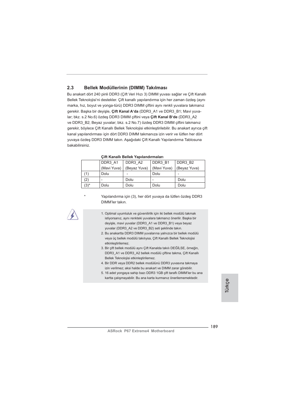 3 bellek modüllerinin (dimm) takılması, Türkçe | ASRock P67 Extreme4 User Manual | Page 189 / 304