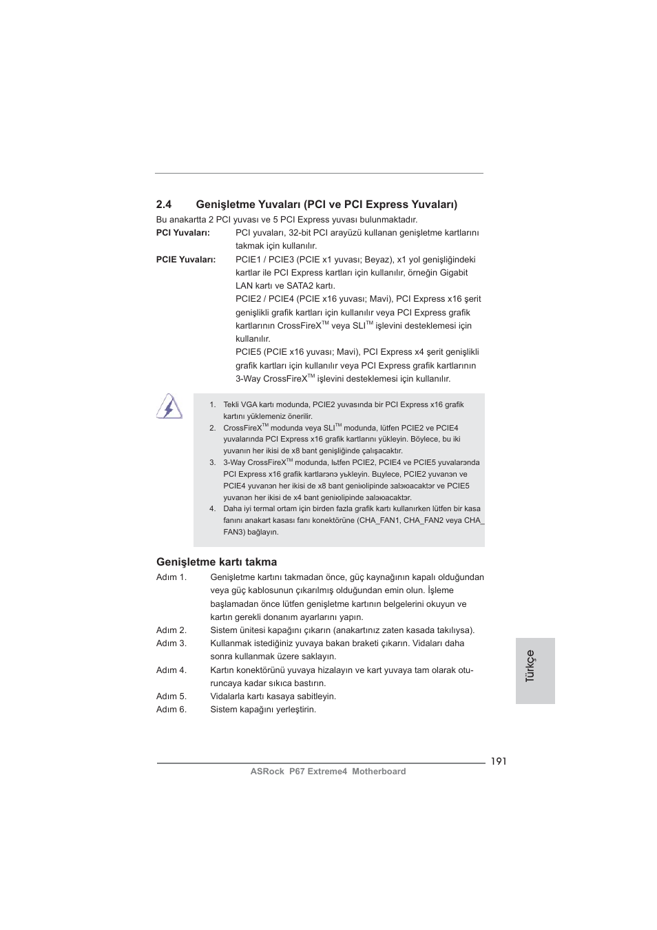 Genişletme kartı takma, Türkçe | ASRock P67 Extreme4 User Manual | Page 191 / 304