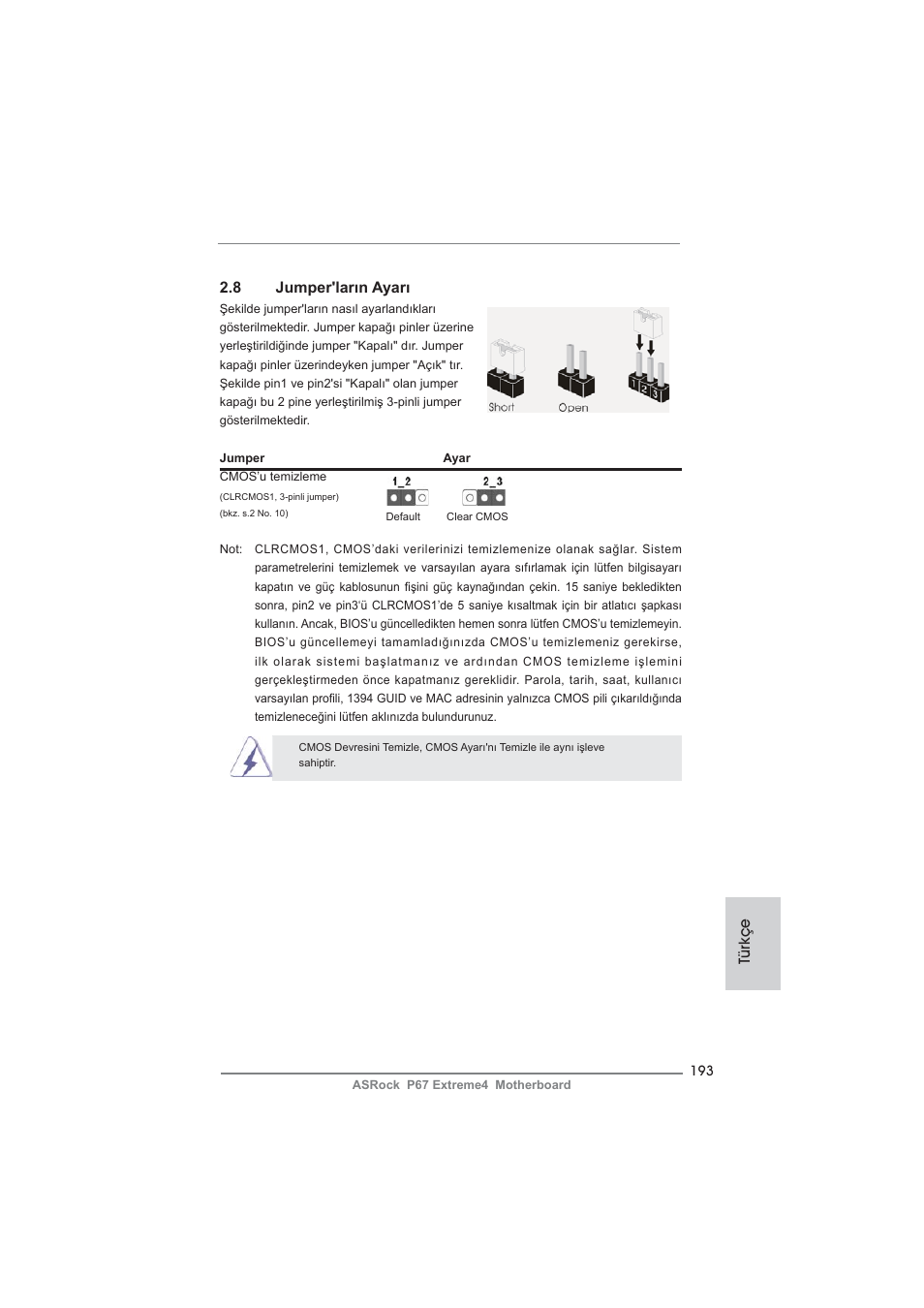 8 jumper'ların ayarı, Türkçe | ASRock P67 Extreme4 User Manual | Page 193 / 304