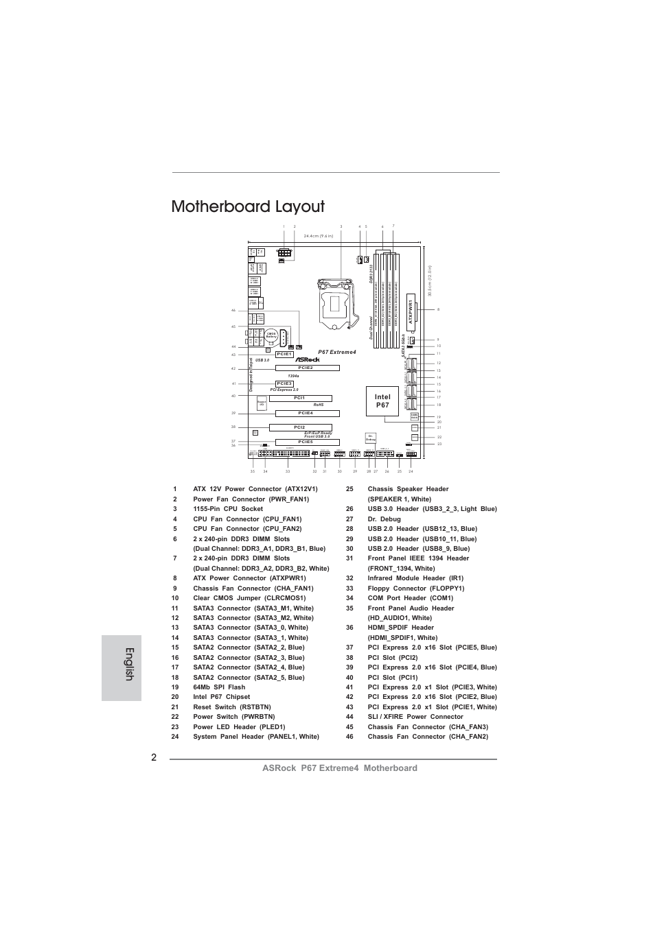 Motherboard layout, English, Clrcmos1 | Pwrbtn rstbtn, Hdled reset pled pwrbtn panel1, Speaker1 1 pled1 1, 1hd_audio1, Com1, Lan phy audio codec, Asrock p67 extreme4 motherboard | ASRock P67 Extreme4 User Manual | Page 2 / 304