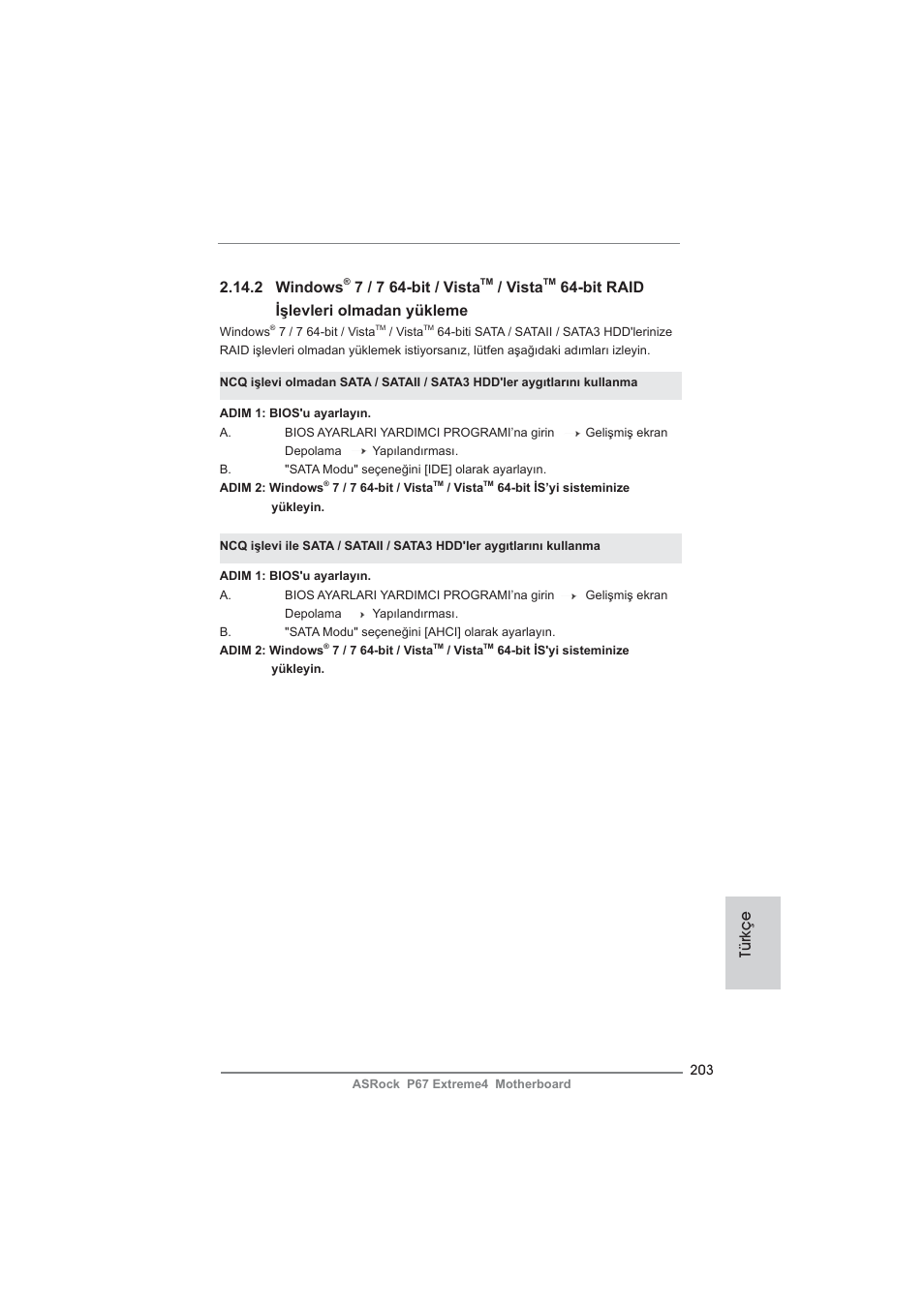 2 windows, 7 / 7 64-bit / vista, Vista | Bit raid işlevleri olmadan yükleme, Türkçe | ASRock P67 Extreme4 User Manual | Page 203 / 304