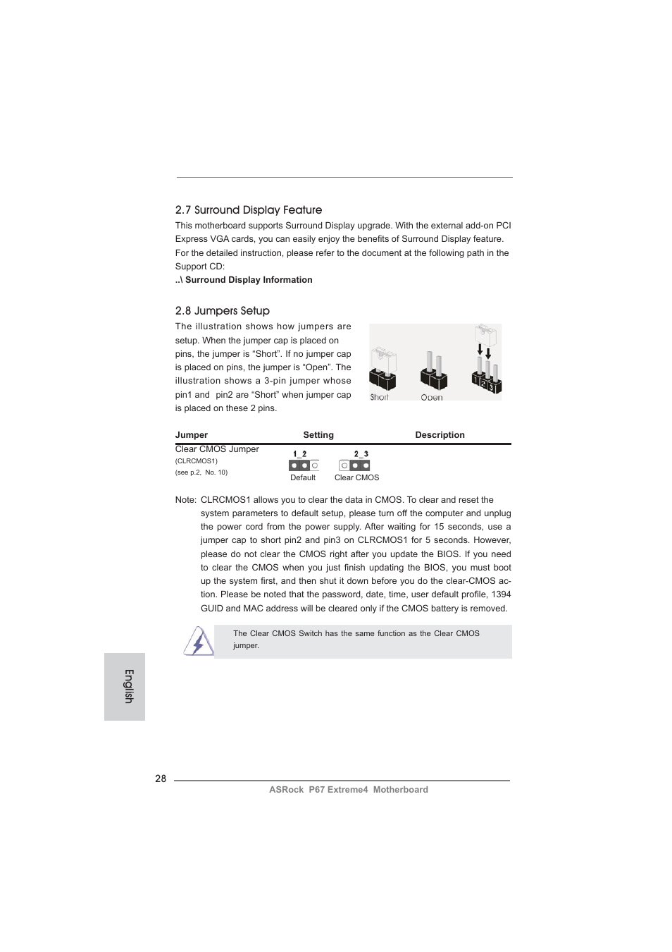 7 surround display feature, 8 jumpers setup, English | ASRock P67 Extreme4 User Manual | Page 28 / 304