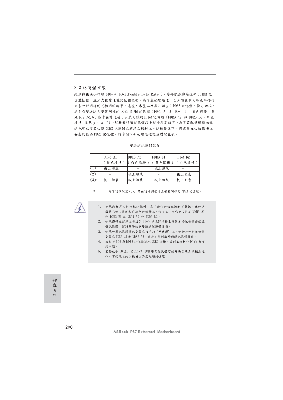 繁體中文 2.3 記憶體安裝 | ASRock P67 Extreme4 User Manual | Page 290 / 304