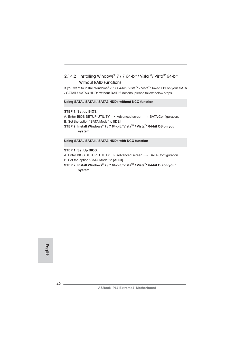 2 installing windows, 7 / 7 64-bit / vista, Vista | Bit without raid functions, English | ASRock P67 Extreme4 User Manual | Page 42 / 304