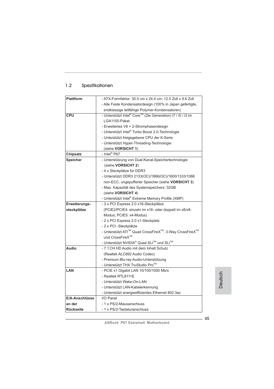 Deutsch 1.2 spezifikationen | ASRock P67 Extreme4 User Manual | Page 45 / 304