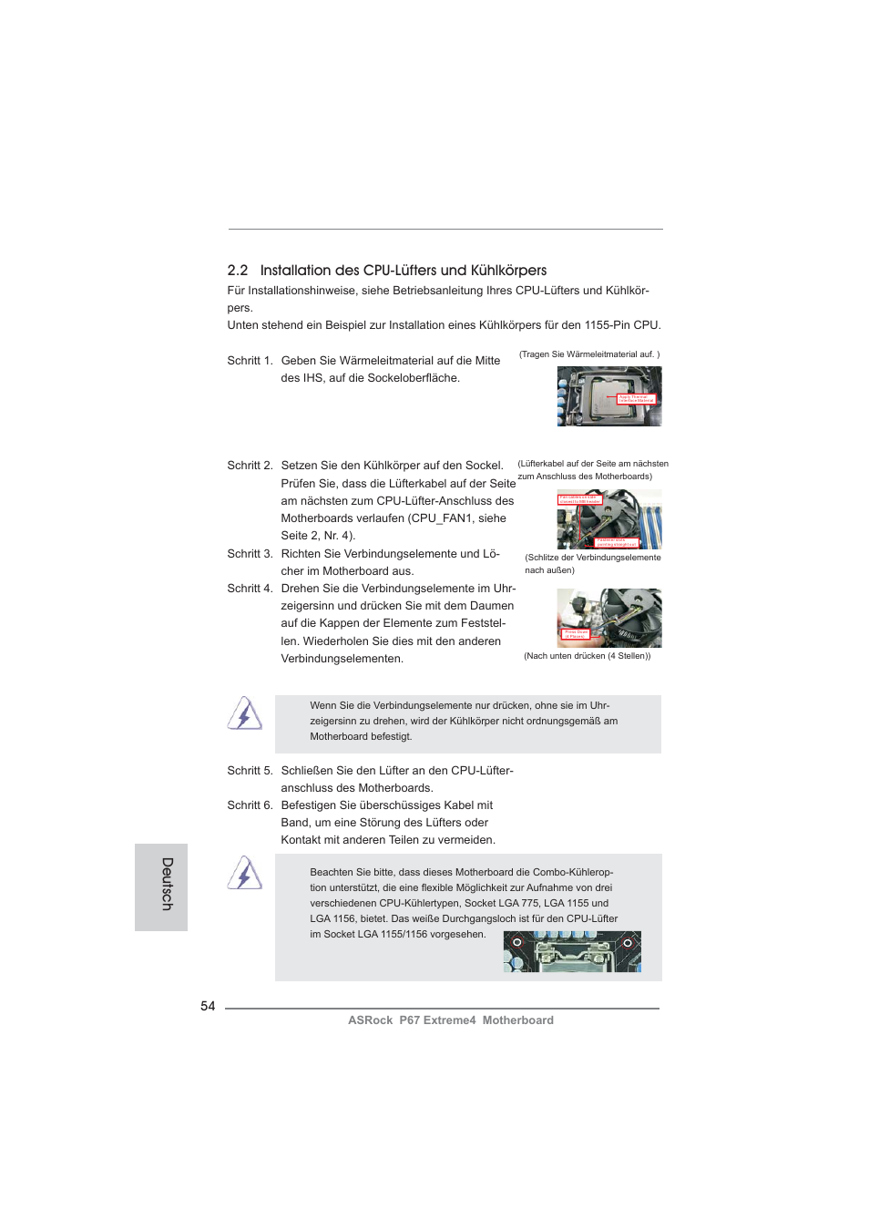 2 installation des cpu-lüfters und kühlkörpers, Deutsch | ASRock P67 Extreme4 User Manual | Page 54 / 304