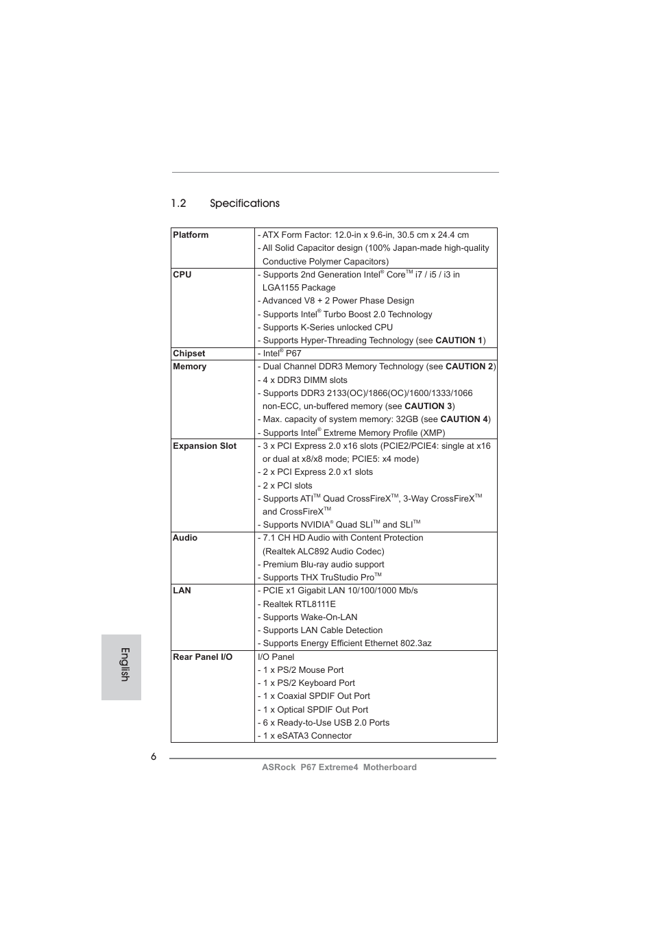 English 1.2 specifications | ASRock P67 Extreme4 User Manual | Page 6 / 304