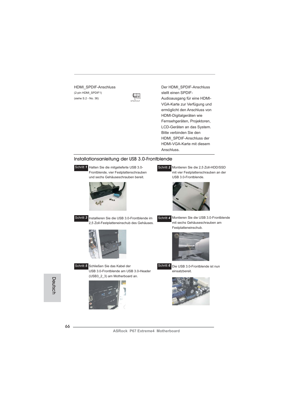 Deutsch, Installationsanleitung der usb 3.0-frontblende | ASRock P67 Extreme4 User Manual | Page 66 / 304