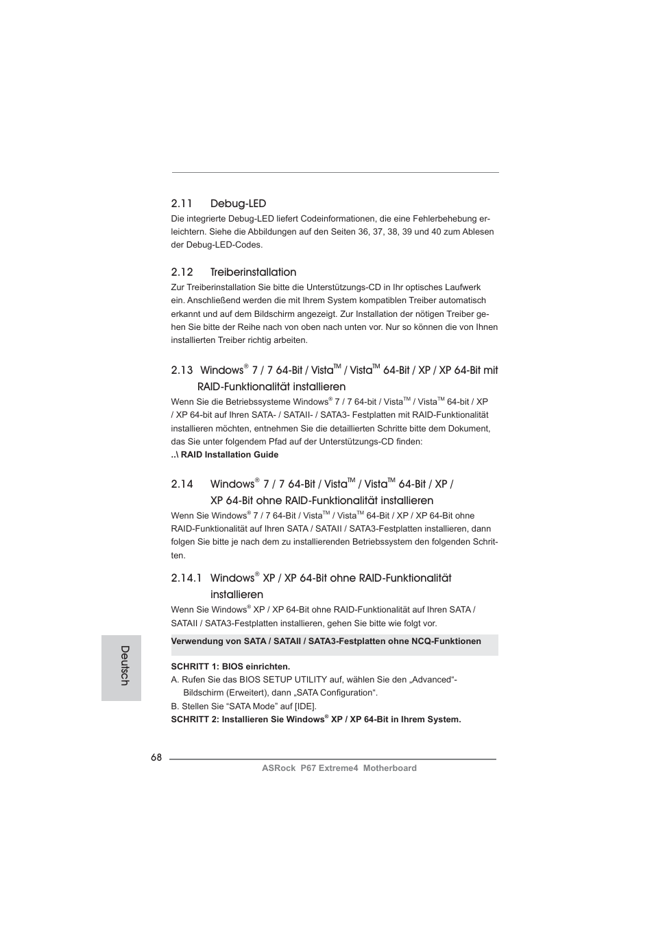 14 windows, 7 / 7 64-bit / vista, Vista | 12 treiberinstallation, 1 windows, 13 windows, 11 debug-led, Deutsch | ASRock P67 Extreme4 User Manual | Page 68 / 304