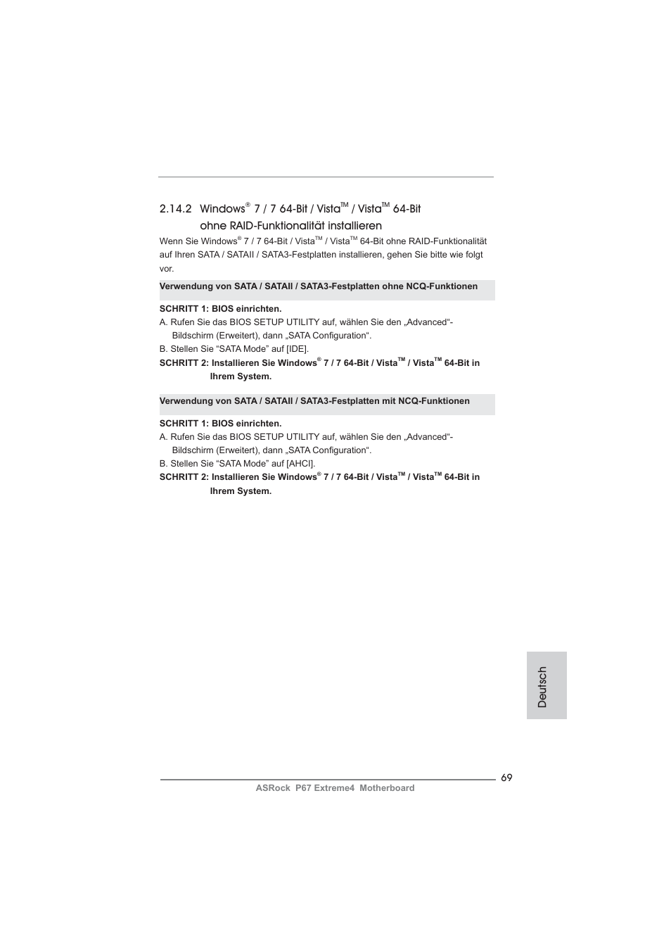 2 windows, 7 / 7 64-bit / vista, Vista | Bit ohne raid-funktionalität installieren, Deutsch | ASRock P67 Extreme4 User Manual | Page 69 / 304