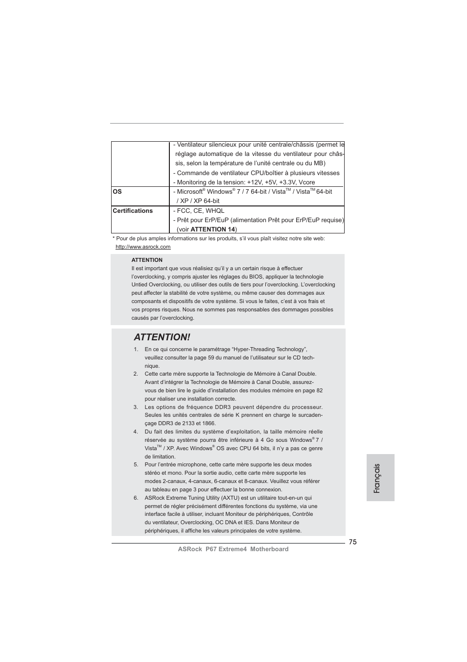 Attention, Français | ASRock P67 Extreme4 User Manual | Page 75 / 304