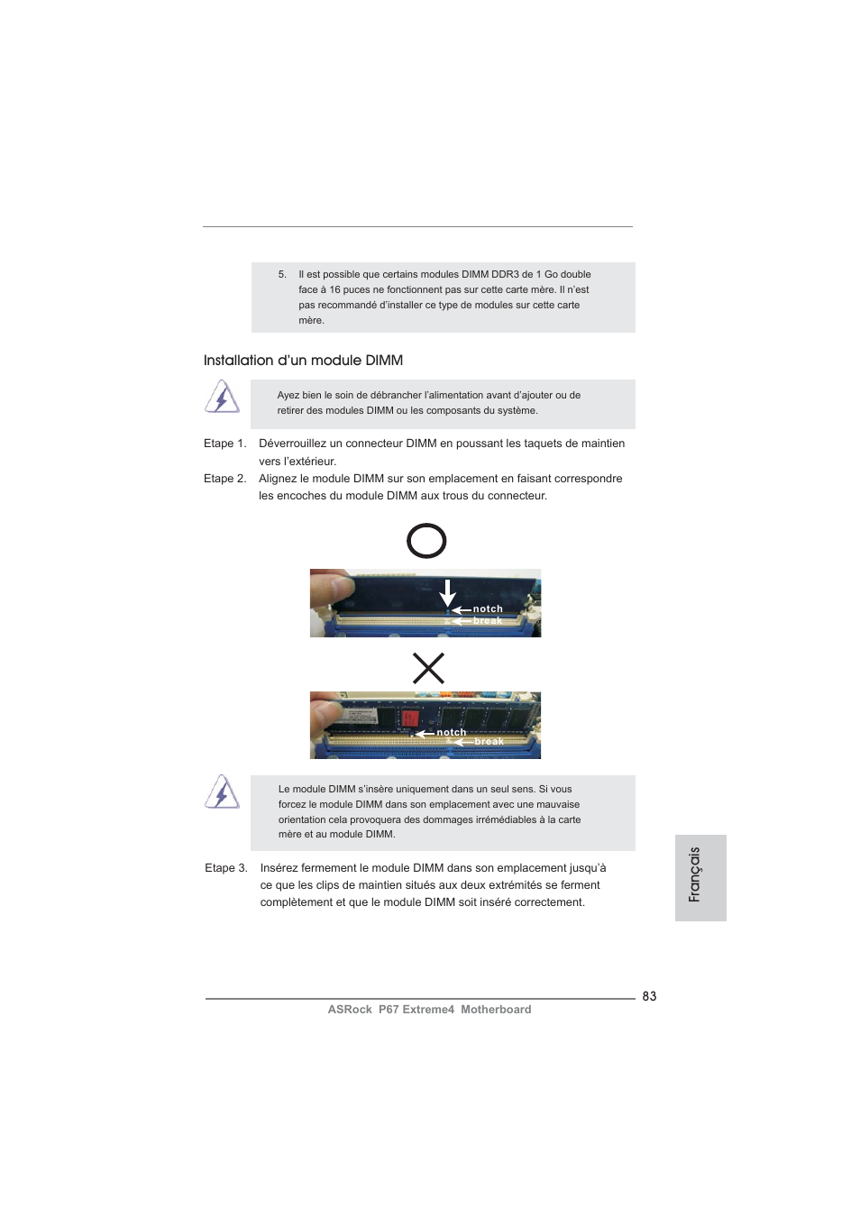 Français installation d’un module dimm | ASRock P67 Extreme4 User Manual | Page 83 / 304
