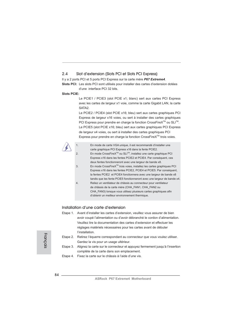 Installation d’une carte d’extension, Français | ASRock P67 Extreme4 User Manual | Page 84 / 304
