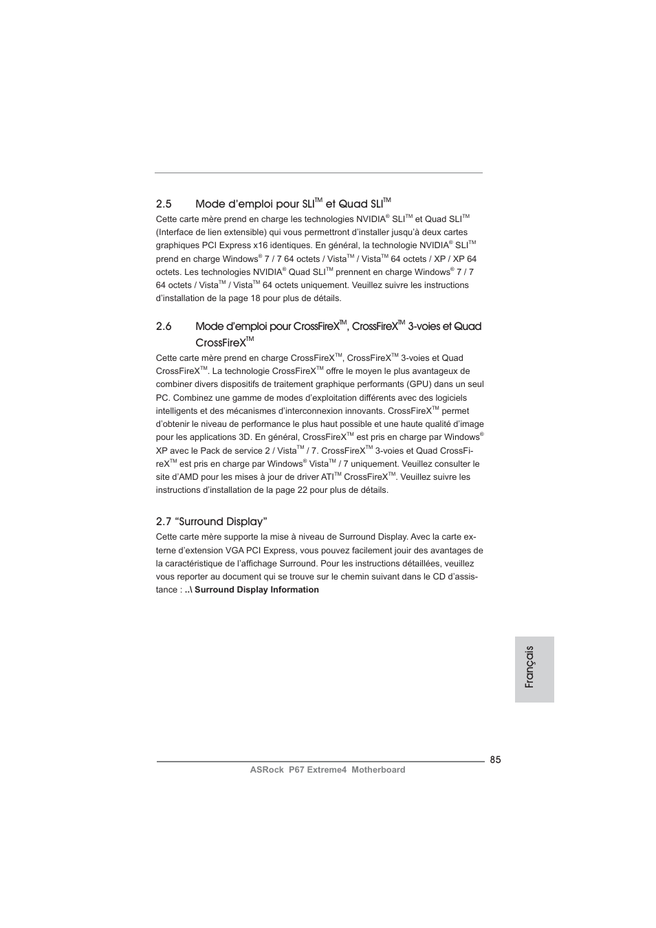 5 mode d’emploi pour sli, Et quad sli, 6 mode d’emploi pour crossfirex | Crossfirex, Voies et quad crossfirex, 7 “surround display, Français | ASRock P67 Extreme4 User Manual | Page 85 / 304