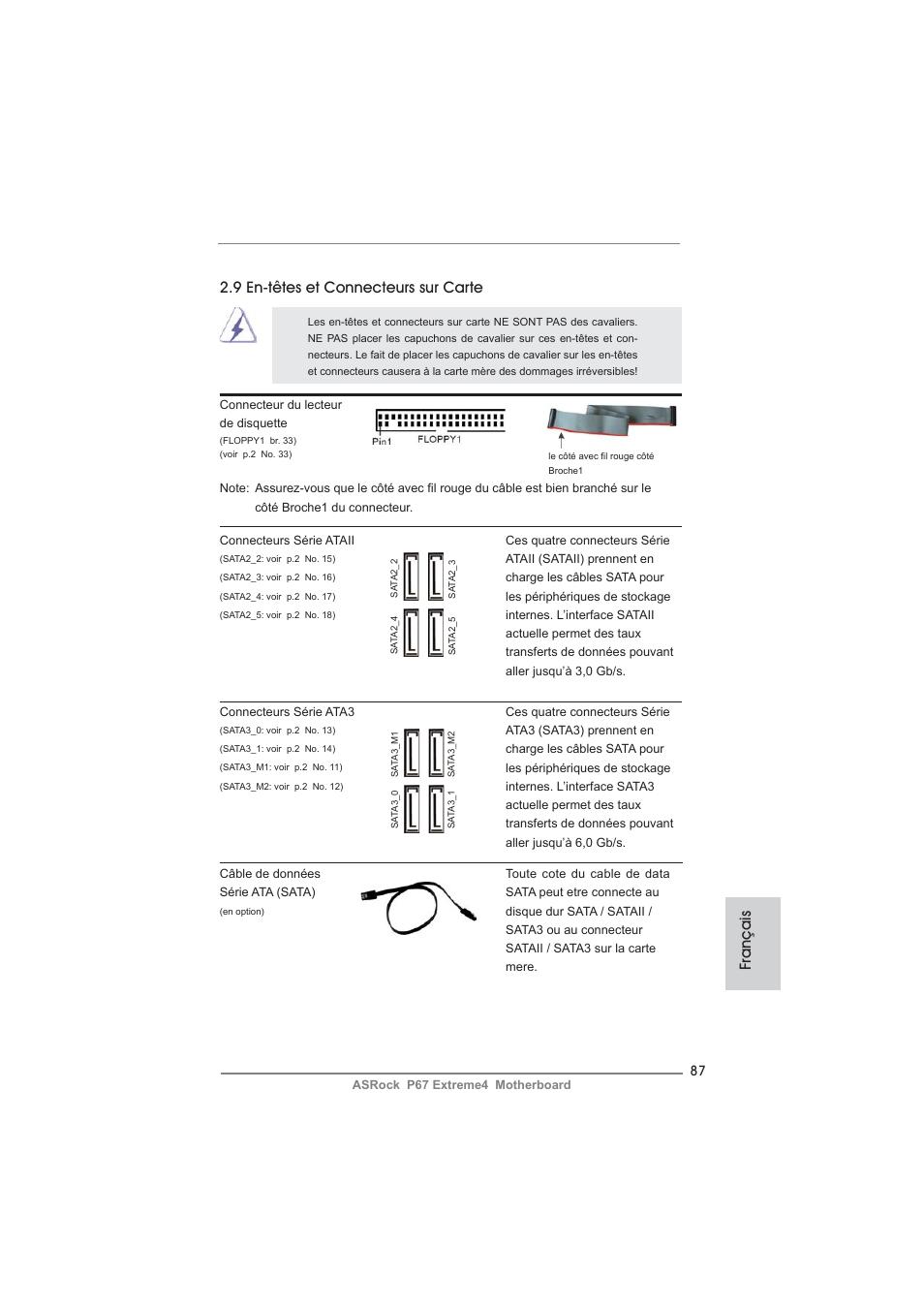 9 en-têtes et connecteurs sur carte, Français | ASRock P67 Extreme4 User Manual | Page 87 / 304