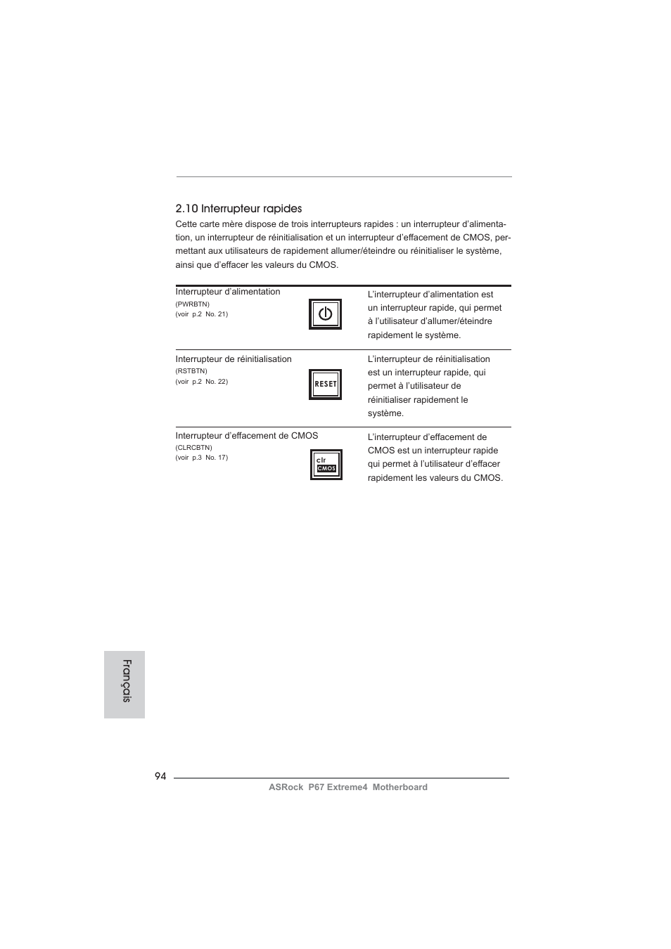 10 interrupteur rapides, Français | ASRock P67 Extreme4 User Manual | Page 94 / 304