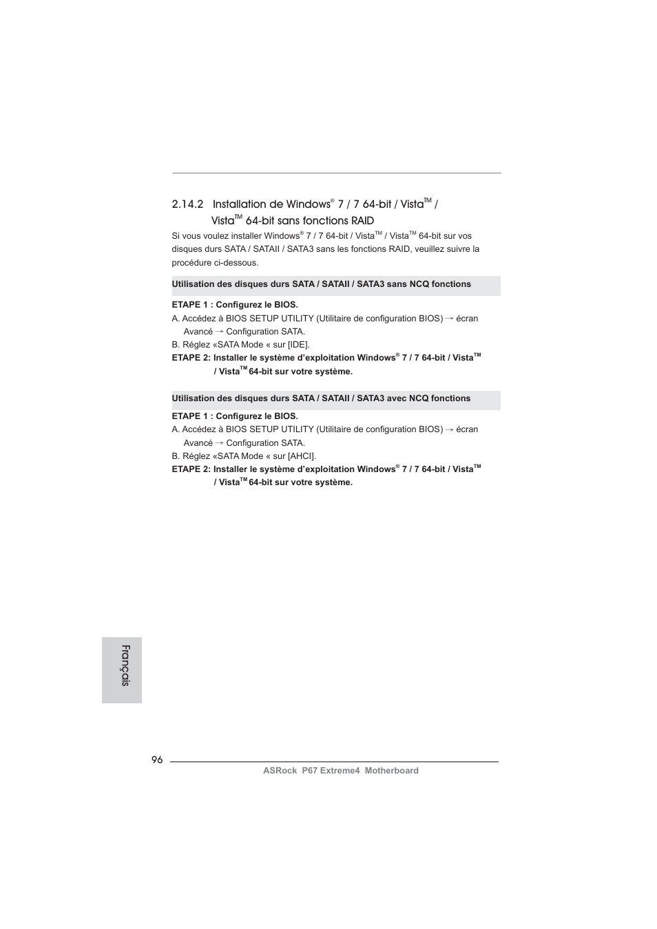 2 installation de windows, 7 / 7 64-bit / vista, Vista | Bit sans fonctions raid, Français | ASRock P67 Extreme4 User Manual | Page 96 / 304