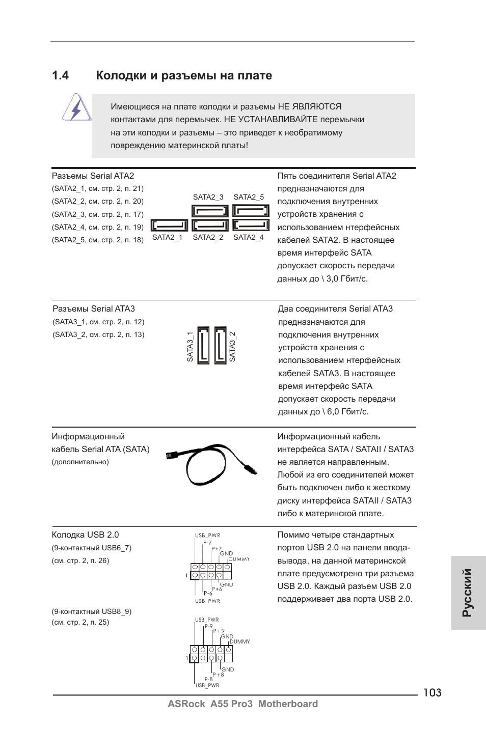 Ру сский, 4 колодки и разъемы на плате, Asrock a55 pro3 motherboard | ASRock A55 Pro3 User Manual | Page 103 / 190